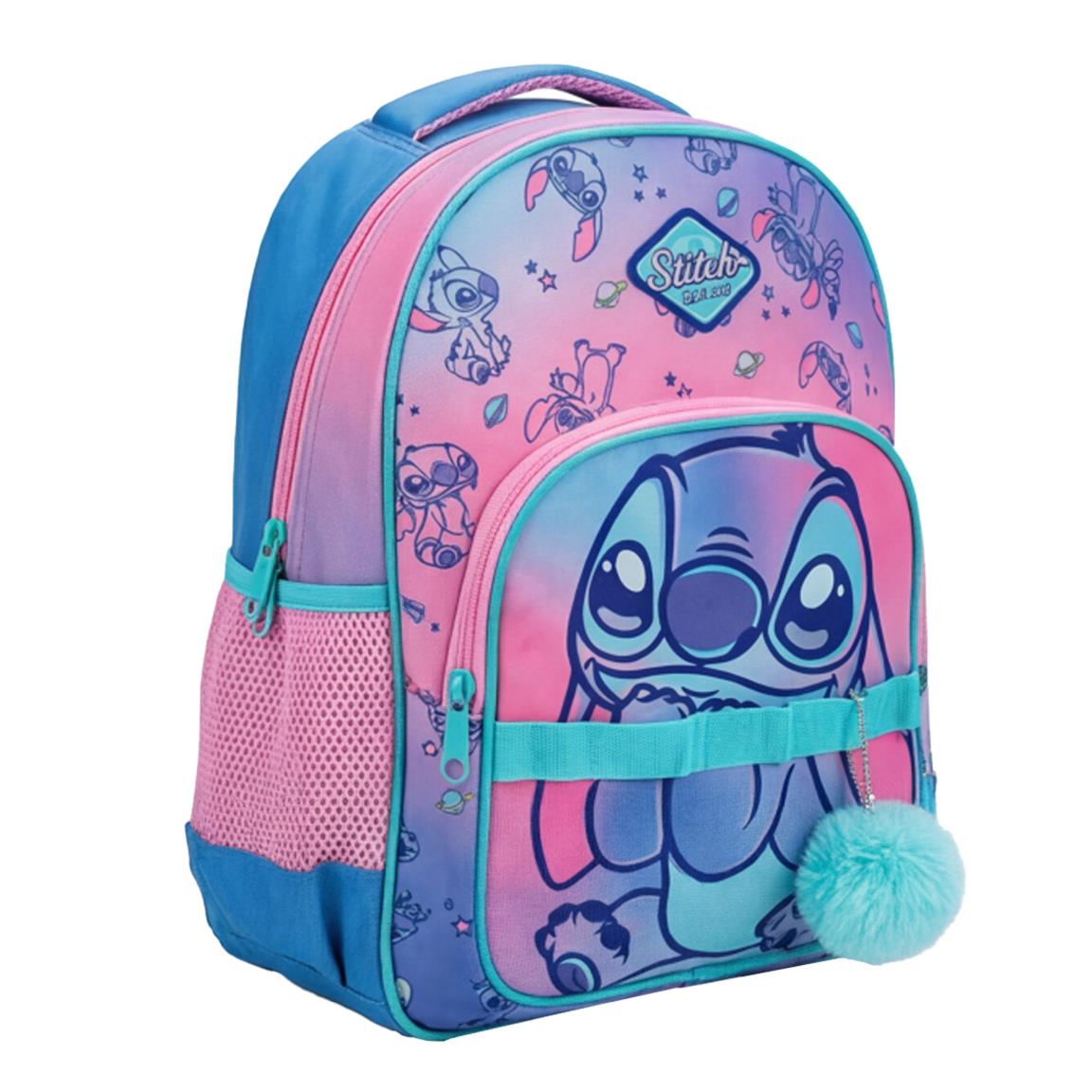 Mochila Escolar Stitch Niña, Doble Compartimento con Cremalleras, Tirantes Acolchados Ajustables, Color Rosa y Azul para Colegio y Vuelta al Cole